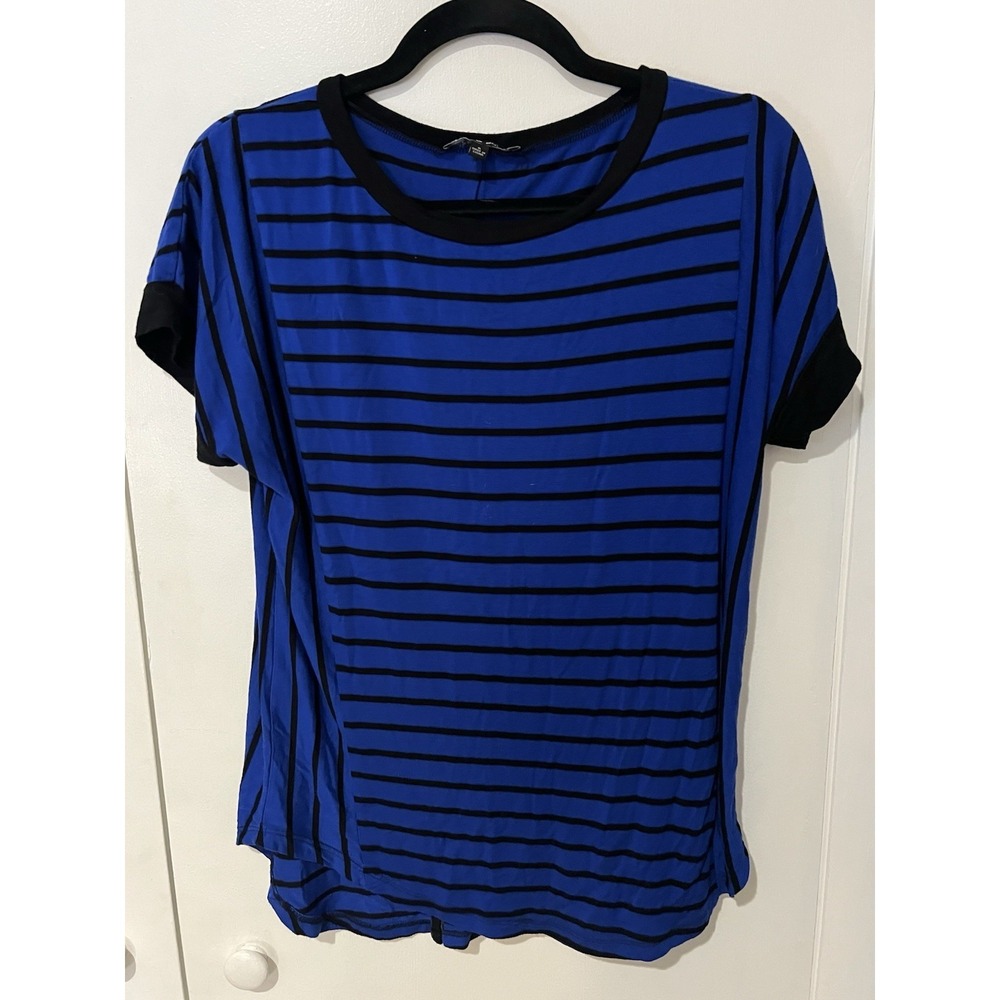 Cable & Gauge Blouse Women's Size Small Blue Black Knit Jersey‎ Top Shirt Button
